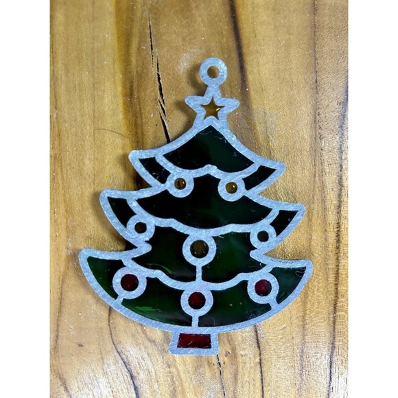 Vintage Christmas Tree Stained Glass Like Suncatcher Ornament Hang Holiday - Picture 2 of 2